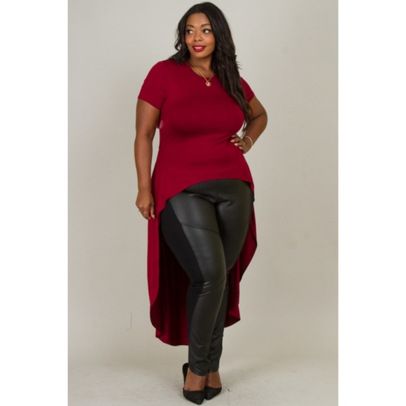 burgundy ROUND NECK SHORT SLEVE HIGH LOW SOLID TOP - Picture 6 of 7